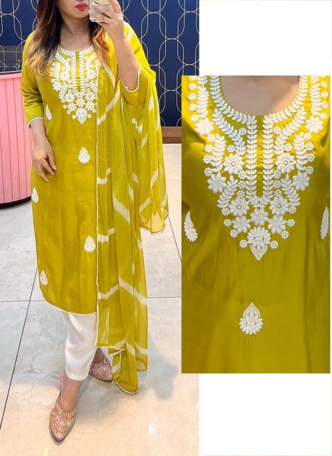 Roman Silk Yellow Traditional Wear Chikankari Work Readymade Kurti Set